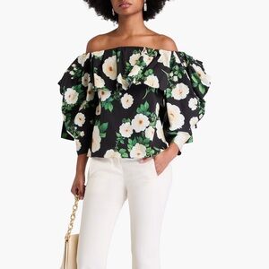 NEW NWT CAROLINA HERRERA Off shoulder floral-print cotton-blend poplin top | 2